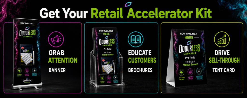Retail Accelerator Kit: roll-up banner, customer brochures, and tent card.